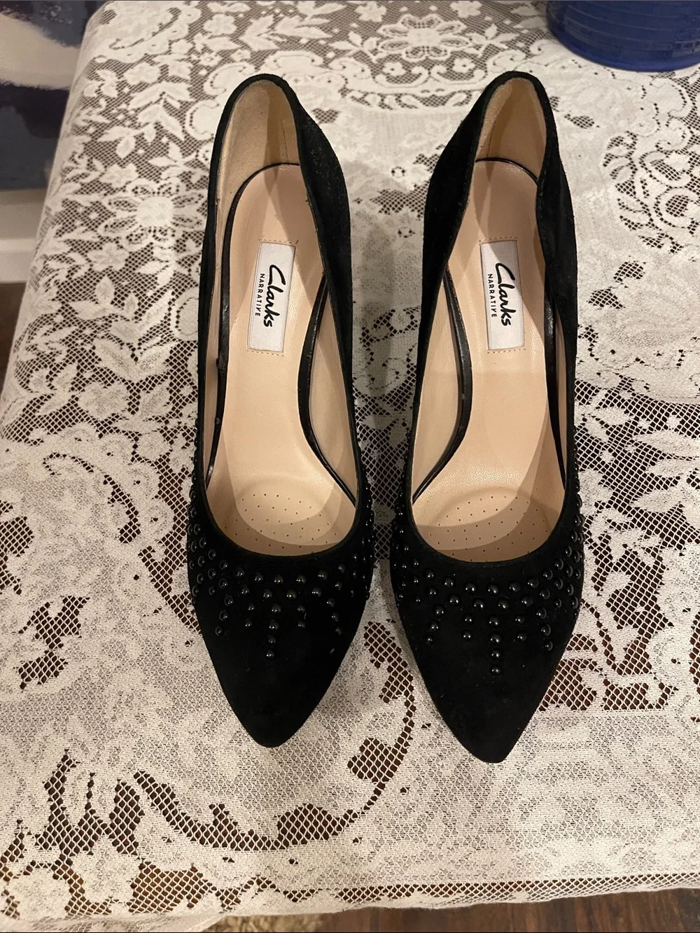 Clarks Black Suede Pointed-Toe Stud Heels
